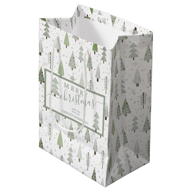 Moderne Weihnachtsbäume MERRY CHRISTMAS Script Sag Mittlere Geschenktüte (Vorderseite Schrägansicht)