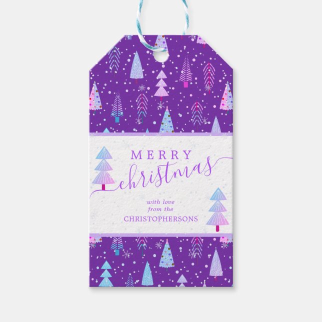 Moderne Weihnachtsbäume MERRY CHRISTMAS Skript Geschenkanhänger (Vorderseite)