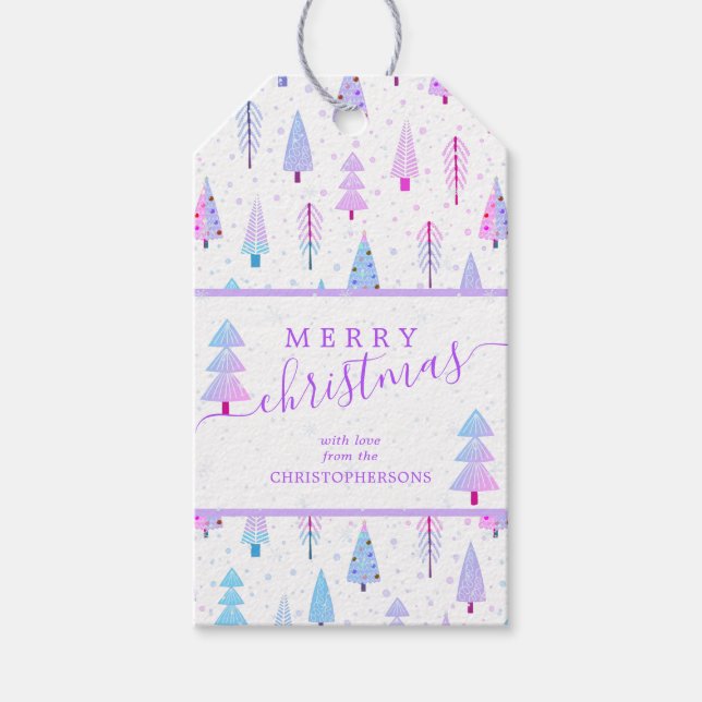 Moderne Weihnachtsbäume MERRY CHRISTMAS Skript Geschenkanhänger (Vorderseite)