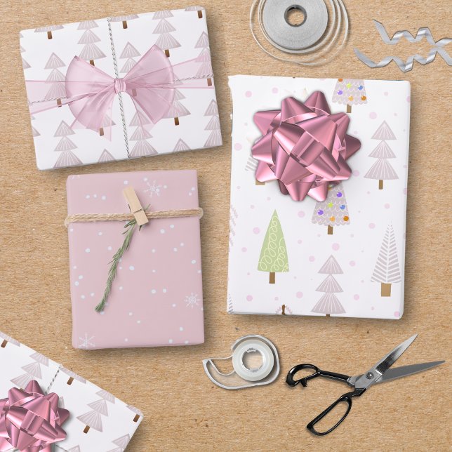 Moderne Weihnachtsbäume Rosa Muster Trio Geschenkpapier Set (Von Creator hochgeladen)