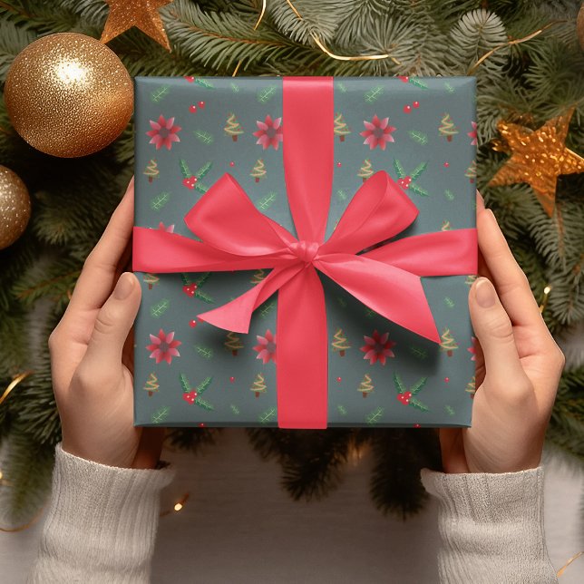 Moderne Weihnachtsbaume & Rote Blume Geschenk Geschenkpapier (Von Creator hochgeladen)