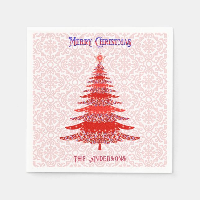 Moderne Weihnachtsbaume Rote Personalisierte Schne Serviette (Vorderseite)