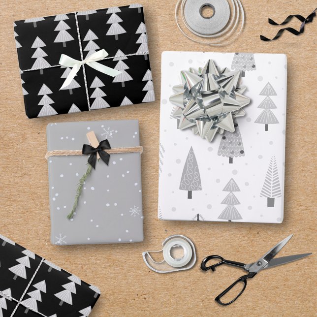 Moderne Weihnachtsbäume Schwarz Silver Gray Muster Geschenkpapier Set (Von Creator hochgeladen)