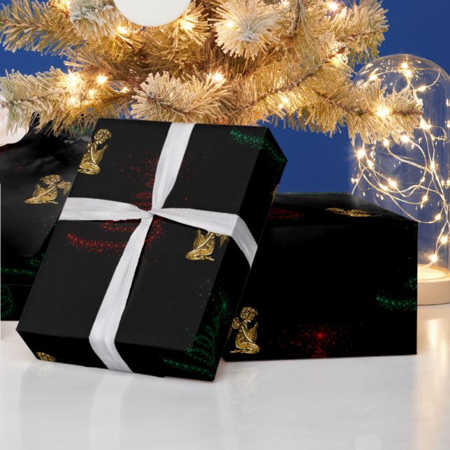 Moderne Weihnachtsbäume und Goldene Engel Geschenkpapier (Von Creator hochgeladen)