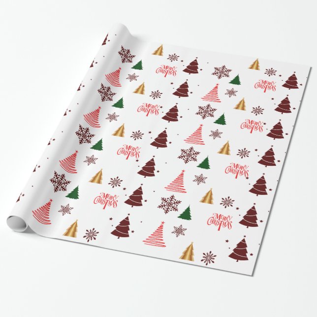 Moderne Weihnachtsbaume und Schneeflocken Geschenkpapier (Ungerollt)