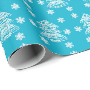Moderne Weihnachtsbäume und Schneeflocken in hellb Geschenkpapier