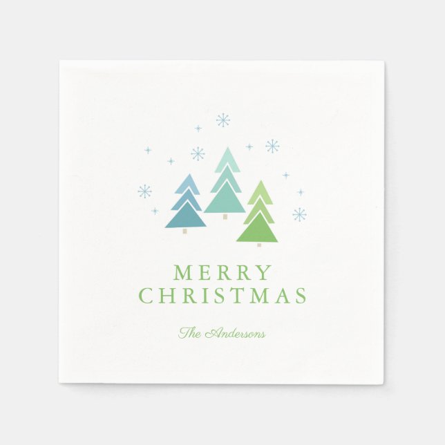 Moderne Weihnachtsbäume und Schneeflocken Serviette (Vorderseite)