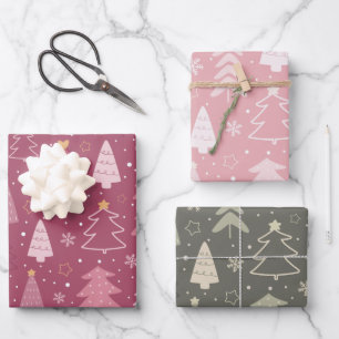 Moderne Weihnachtsbäume und Schneeflocken Weihnach Geschenkpapier Set