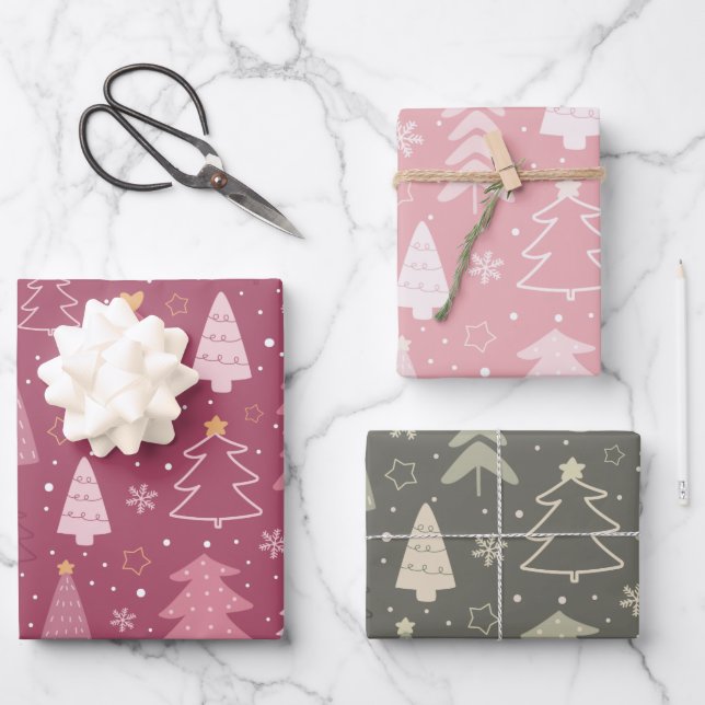 Moderne Weihnachtsbäume und Schneeflocken Weihnach Geschenkpapier Set (Vorderseite)