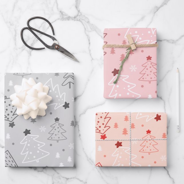 Moderne Weihnachtsbäume und Schneeflocken Weihnach Geschenkpapier Set (Vorderseite)