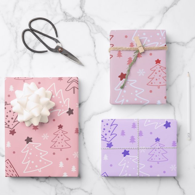 Moderne Weihnachtsbäume und Schneeflocken Weihnach Geschenkpapier Set (Vorderseite)