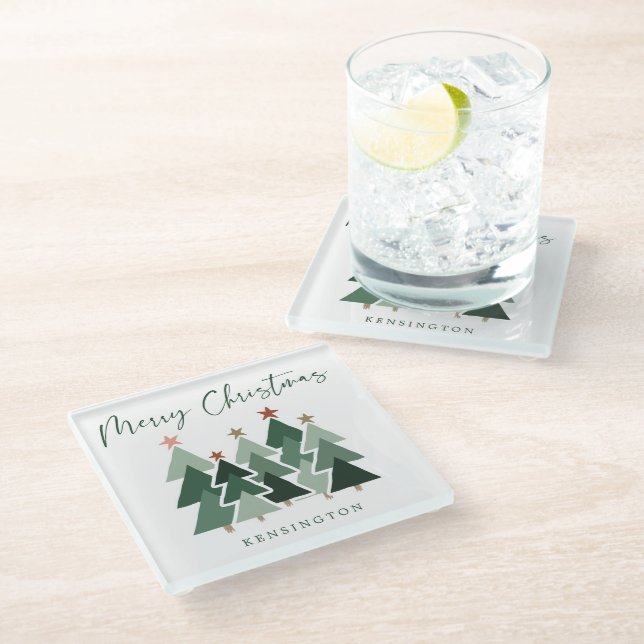 Moderne Weihnachtsbaumen Holiday Handgeschrieben Glasuntersetzer (Schrägansicht)