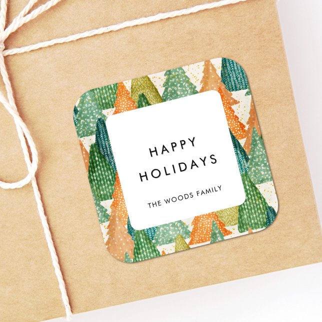 Moderne Weihnachtsbaumen Muster glückliche Ferien Quadratischer Aufkleber (Von Creator hochgeladen)