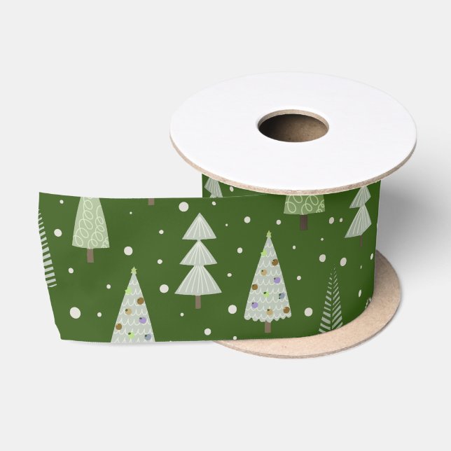 Moderne Weihnachtsbaumen Olive Green Pattern Sa Satinband (Spule)