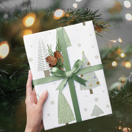 Moderne Weihnachtsbaumen Sage Olive Green Pattern Geschenkpapier