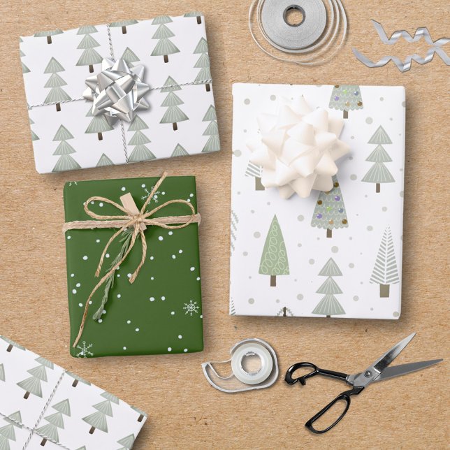 Moderne Weihnachtsbaumen Sage Olive Green Pattern Geschenkpapier Set (Von Creator hochgeladen)
