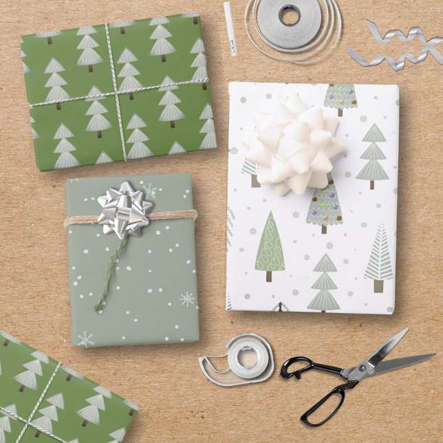 Moderne Weihnachtsbaumen Sage Olive Green Pattern Geschenkpapier Set (Von Creator hochgeladen)