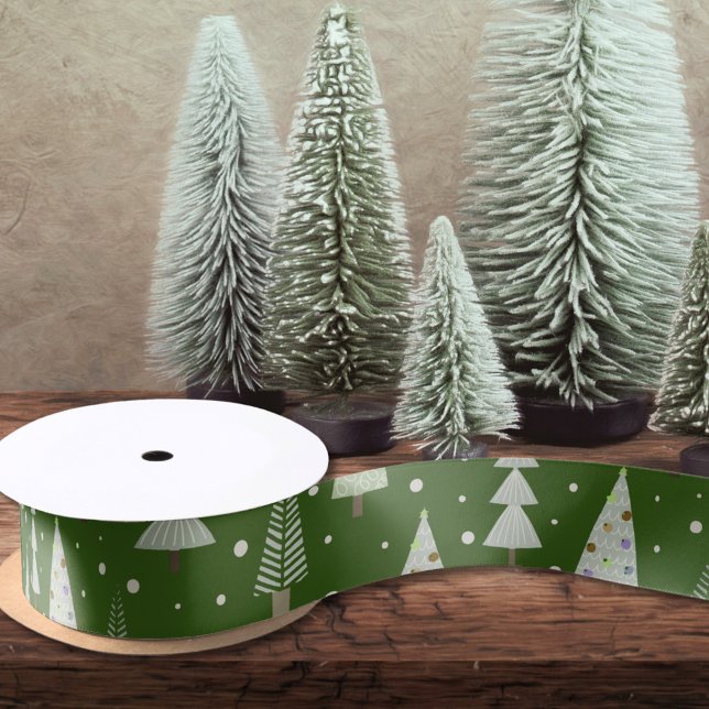 Moderne Weihnachtsbaumen Sage Olive Green Pattern Satinband (Von Creator hochgeladen)