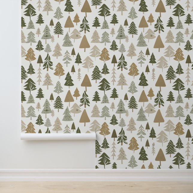 Moderne Weihnachtsbaumen Sage Olive Green Pattern Tapete (Anwendung)