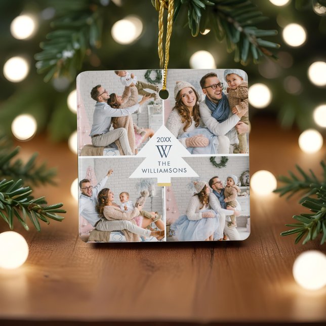 Moderne Weihnachtsbaumfamilie Monogram Four Foto Keramikornament (Modern Christmas Tree Monogram Four Photo Family Ceramic Ornament)