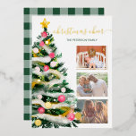 Moderne Weihnachtsbaumfarbe 3 Fotos Folien Feiertagskarte<br><div class="desc">Moderne handgemalte Spaß und helle Weihnachtsbaumfarbe mit echter Goldfolie Rosa,  Gold und Weiß Dekoration,  mit Weihnachts-Beifall Drehbuch Schriftart,  fügen 3 Ihrer Lieblings-Fotos! Mit bearbeitbarem kariertem Flanellmuster.</div>