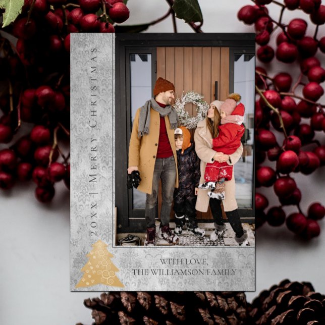 Moderne Weihnachtsbaumkarte | Gold Feiertagskarte (Gold Modern Christmas Tree Holiday Photo Card)