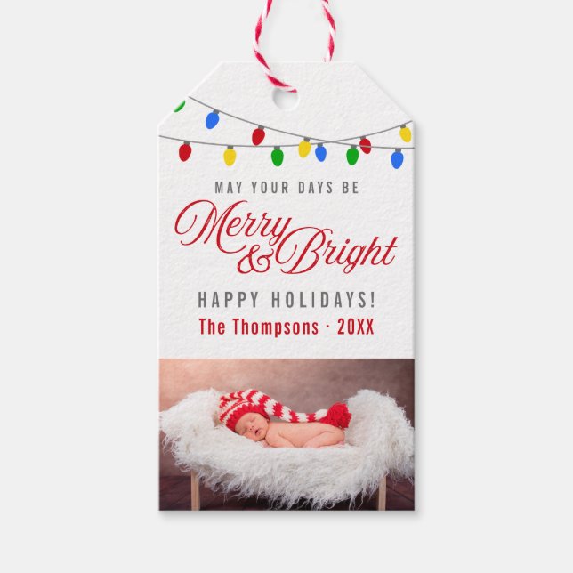 Moderne Weihnachtsbeleuchtung | Merry & Bright Fot Geschenkanhänger (Vorderseite)