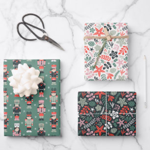 Moderne Weihnachtsblumen und Nussknacker Geschenkpapier Set