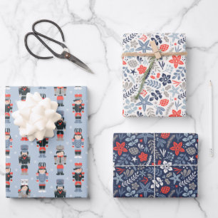 Moderne Weihnachtsblumen und Nussknacker Geschenkpapier Set