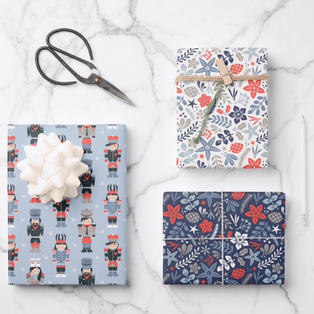 Moderne Weihnachtsblumen und Nussknacker Geschenkpapier Set (Vorderseite)