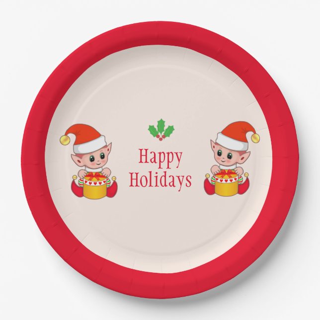 Moderne Weihnachtselfen auf Rot und Elfenbein Pappteller (Vorderseite)