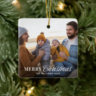 Moderne Weihnachtsfamilienfoto mit Schriftzug Keramikornament