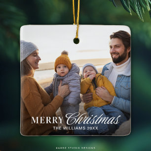 Moderne Weihnachtsfamilienfoto mit Schriftzug Keramikornament