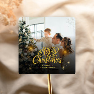 Moderne Weihnachtsfamilienfoto Quadratischer Aufkleber