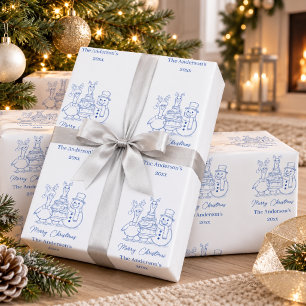 Moderne Weihnachtsgans-Familie-Doodle blau Geschenkpapier