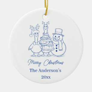 Moderne Weihnachtsgans-Familie-Doodle blau Keramik Ornament