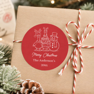 Moderne Weihnachtsgans-Familie-Doodle rot Runder Aufkleber