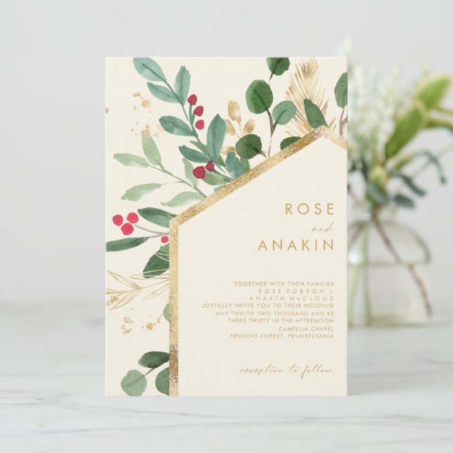 Moderne Weihnachtsgrün | CremeWedding Einladung (Stehend Vorderseite)
