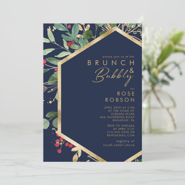 Moderne Weihnachtsgrün Navy Brunch und Bubbly Einladung (Stehend Vorderseite)