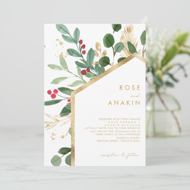 Moderne Weihnachtsgrün | Weiße Hochzeit Einladung (Stehend Vorderseite)