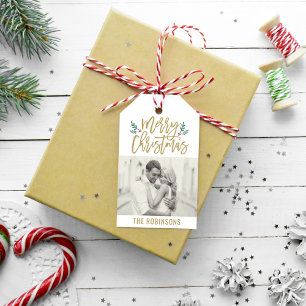 Moderne Weihnachtsgrüße in Antiquaschrift mit Foto Geschenkanhänger