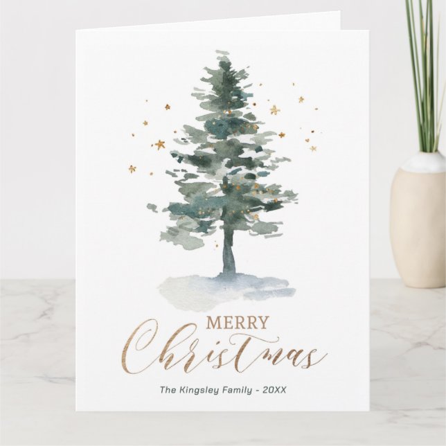Moderne Weihnachtskarte Gold Aquarellbaum Karte (Vorderseite)