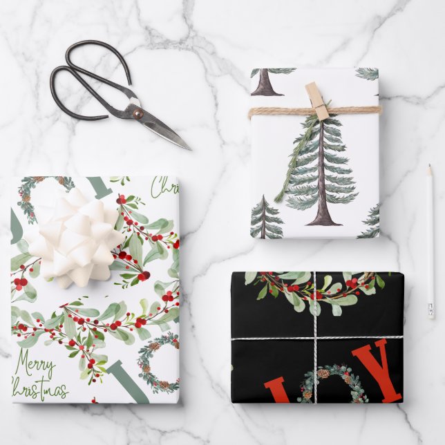 Moderne Weihnachtskränze und Freude Geschenkpapier Set (Vorderseite)
