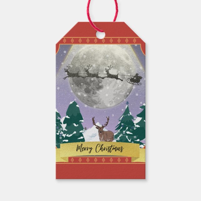 Moderne Weihnachtsnachtsnacht mit Santa Reindeer Geschenkanhänger (Vorderseite)