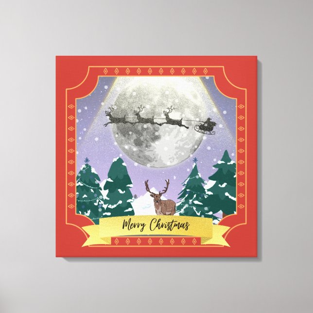 Moderne Weihnachtsnachtsnacht mit Santa Reindeer Leinwanddruck (Vorderseite)
