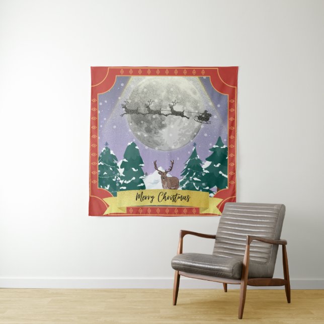 Moderne Weihnachtsnachtsnacht mit Santa Reindeer Wandteppich (Beispiel)