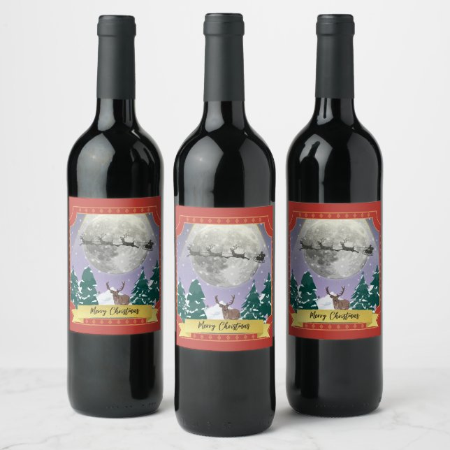 Moderne Weihnachtsnachtsnacht mit Santa Reindeer Weinetikett (Flaschen)