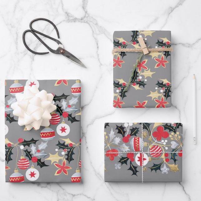 Moderne Weihnachtssaison Rot Silver & Gold Ornamen Geschenkpapier Set (Vorderseite)