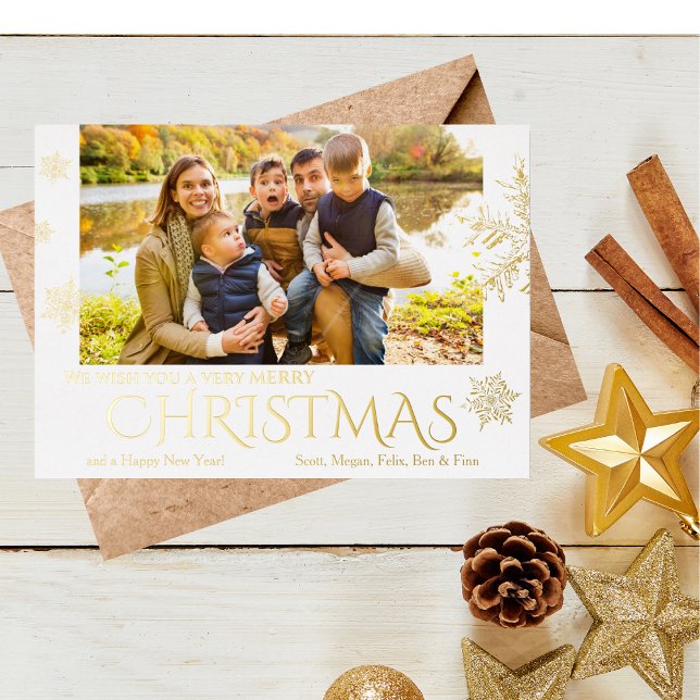 Moderne Weihnachtsschneeflockencard Folien Feiertagskarte (Gold Foil Vintage Snowflakes Christmas Card with Photo)