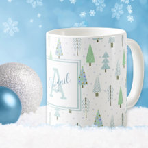 Moderne Weihnachtswald Bäume Blue Green Monogram